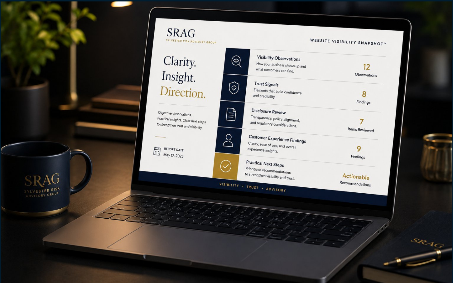 Professional workspace with structured documents — calm advisory environment